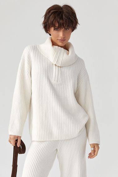 В'язаний костюм із широкими штанами та светром на блискавці - молочний цвет, ONE SIZE (є розміри) | Зображення 2