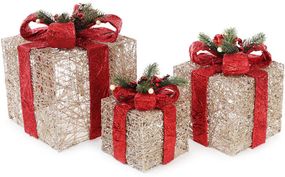 Набір декоративних подарунків - 3 коробки 15х20см, 20х25см, 25х30см з LED-підсвіткою, шампань з червоними бантами