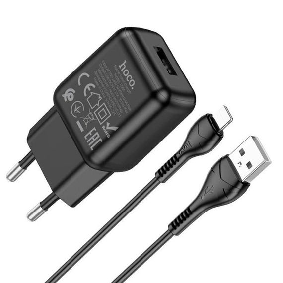 Набір СЗУ 110-240V HOCO C96A+ кабель Lighting, 1xUSB, 2.1A, кабель 1м, Black | Зображення 3