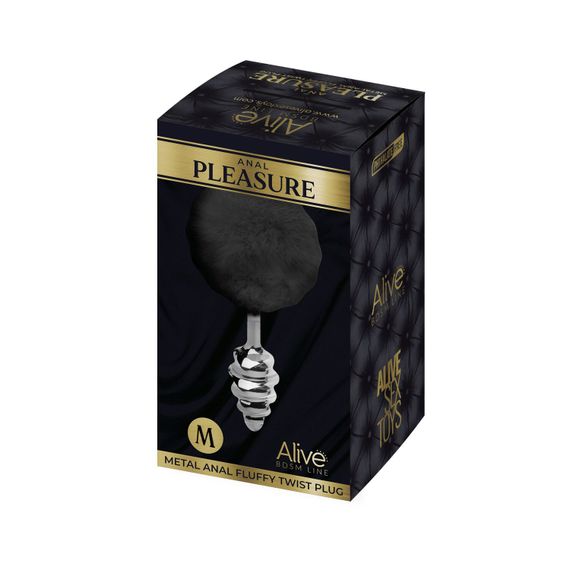 Металева анальна пробка Кролячий хвостик Alive Fluffy Twist Plug M Black, діаметр 3,4 см | Зображення 2