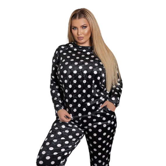 Піжама жіноча велюрова кофта + штани. Піжама чорна у горошок. XL/2XL/3XL | Зображення 4