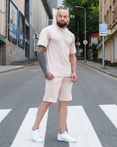 Мужской летний костюм с шортами и футболкой рубчик премиум-качество BD0026 цвет бежевый, размер S | Зображення 1