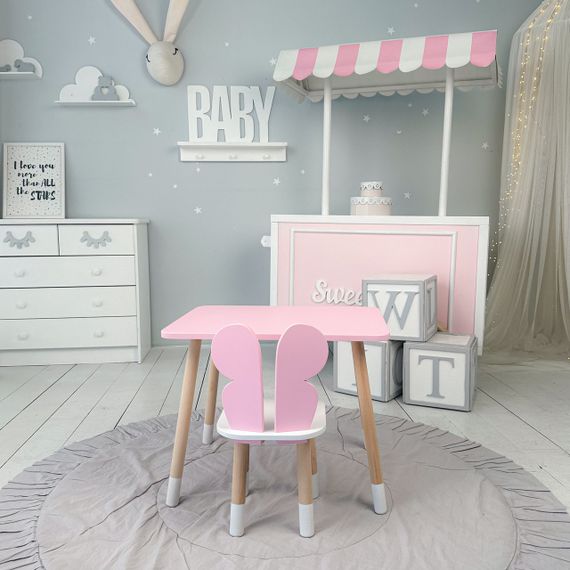 Дитячий  прямокутний стіл і стільчик метелик з білим сидінням. Столик рожевий дитячий | Зображення 7