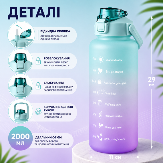 Спортивная бутылка для воды 2000 мл (2 л) с ремешком и шкалой, градиент бирюзовый матовый | Зображення 6