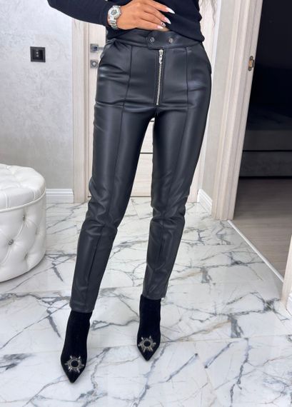 Женские утепленные узкие кожаные брюки на замше, BU8780 цвет черный, размер 46