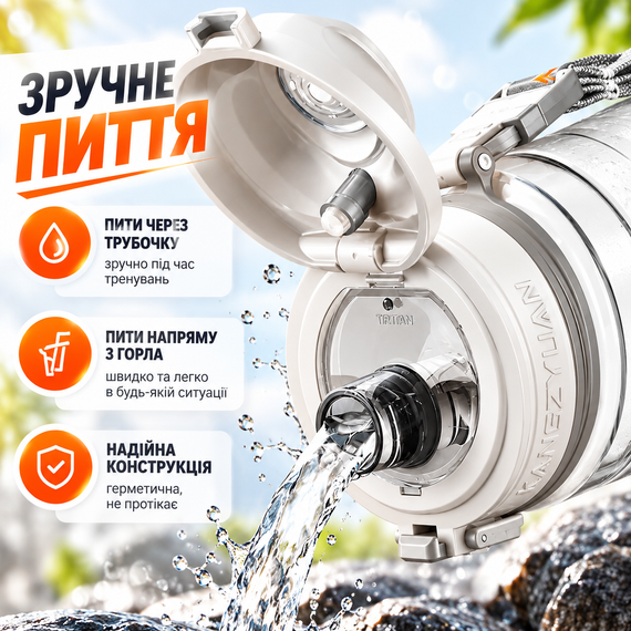 Спортивная бутылка KANGZYUAN 1000 мл Белая Tritan BPA-free ударопрочная с антискользящим грипом и трубочкой | Зображення 4