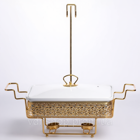 Прямоугольный фарфоровой мармит 2 л на золотой стойке с подогревом YL-78