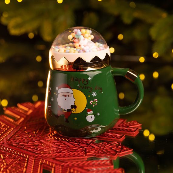 Чашка фарфоровая с крышкой Christmas 400 (мл) Зеленый Yiwu FM-CS-41A | Зображення 1