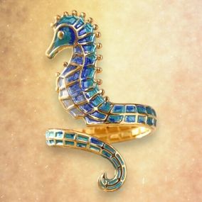 Золотистий богемський перстень з морським коником і блакитною емаллю розмір регулюється