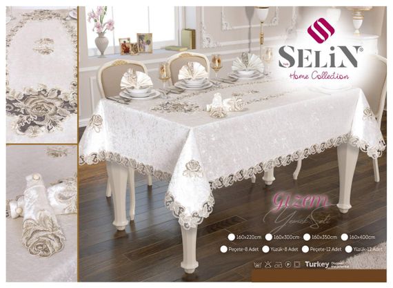 Велюрова скатертина Selin Gizem Set 160×220+8 серветок Бежева