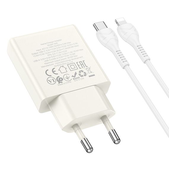 МЗП Hoco N45 Biscuit PD30W+QC3.0 (1USB-A/1C) + кабель Type-C to Lightning Moonlight white | Зображення 1