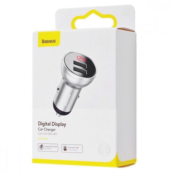 Автомобільна зарядка для телефону Baseus Digital Display Dual USB 4.8A Car Charger 24W, Темно-сірий | Зображення 1