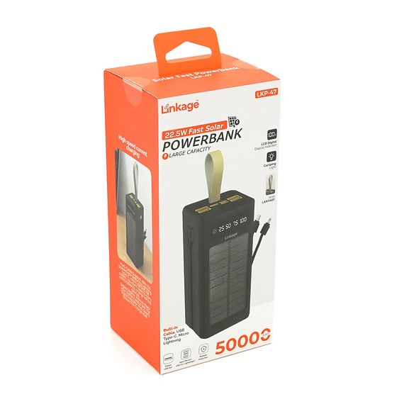 Power bank Linkage LKP-47 50000mAh, Solar, 22.5W, Кабелю Туре-С+Lighting, 1,060 kg, Black, Blister | Зображення 1