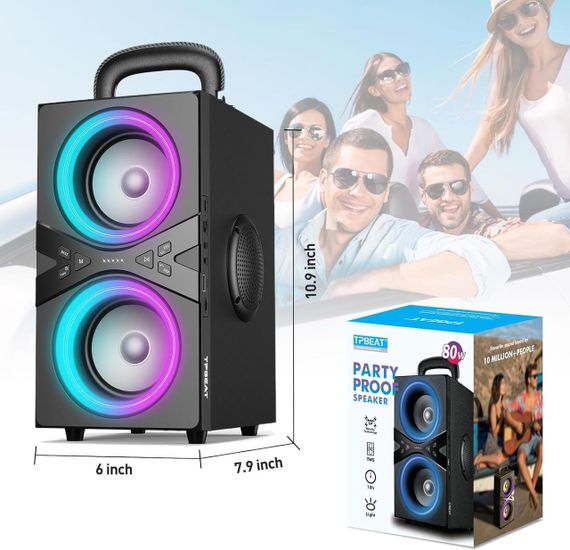 TPBEAT Bluetooth колонка, 80 Вт, потужний бас, LED-підсвічування, 100 дБ, стереозвук, 18 годин роботи, TWS для вечірок та кемпінгу | Зображення 6
