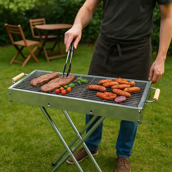 Переносний мангал із решіткою 80х78х30 см, BARBECUE TRAY 770SS, Сріблястий / Барбекшниця / Розкладний мангал барбекю | Зображення 7