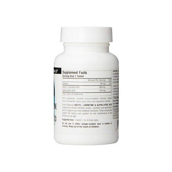 Комплекс Ацетил/Карнітін Source Naturals Acetyl L-Carnitine & Alpha Lipoic Acid 650 mg 60 Tabs | Зображення 1