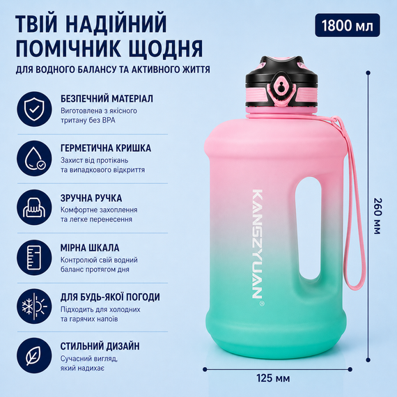 Спортивная бутылка для воды KANGZYUAN 1800 мл (1,8л) Розовый градиент (BPA Free) Tritan | Зображення 1