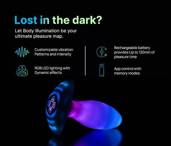 Анальна вібропробка з RGB-підсвічуванням та додатком Illumination The Plug, біла, 10,2 × 3,2 см Sex Aura | Зображення 7
