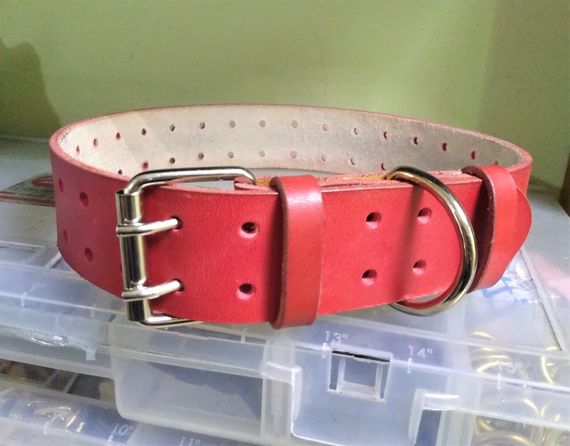 Крепкий надежный ошейник из натуральной кожи "Lockdog" красный | Зображення 1