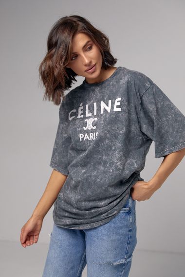 Удлиненная футболка в технике тай-дай с надписью Celine Paris - темно-серый цвет, M (есть размеры) | Зображення 5