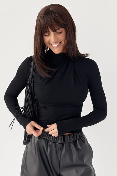 Приталений лонгслів із оригінальною горловиною - чорний цвет, XL (є розміри)