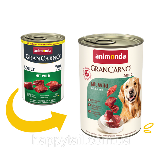 Влажный корм для собак GranCarno Adult с дичью кусочки мяса в бульоне консерва 400 г | Зображення 1