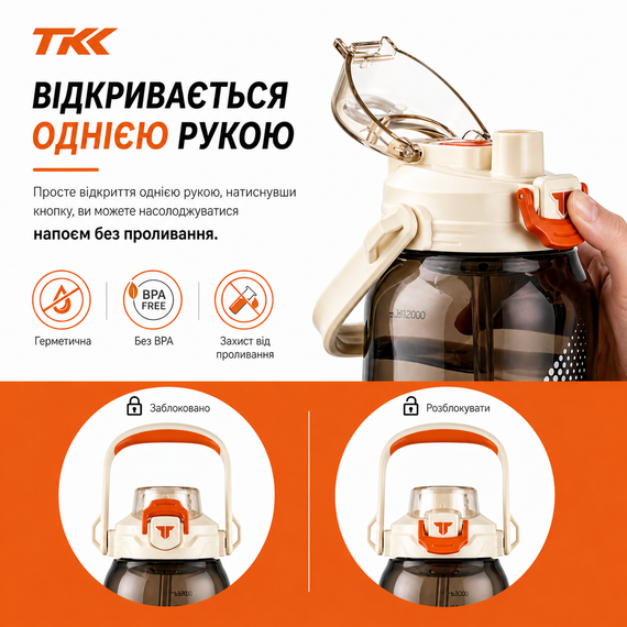 Бутылка для воды TKK спортивная 2000 мл с соломинкой, ручкой и ремешком, герметичная пластиковая. Белая | Зображення 3
