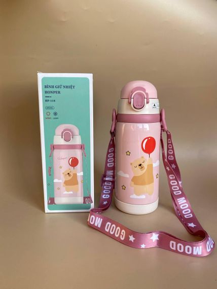 Термос дитячий для напоїв з трубочкою 450мл Рожевий з малюнком | Зображення 6