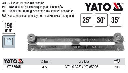 Направляюча до напильника YT-85026 YATO Польша : Ø=4.5 мм, 190х30 мм, пид кути 25°,30°,35°, гвинт YT-85045 | Зображення 1