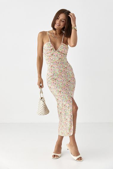 Квітковий сарафан на бретелях - рожевий цвет, M (є розміри)