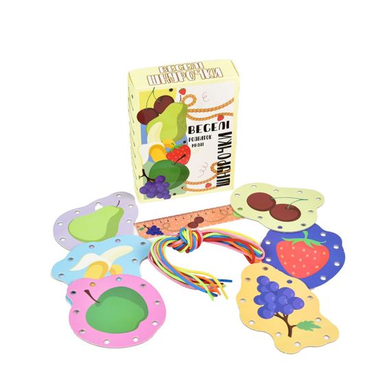 Розвиваюча гра "Веселі шнурочки Фрукти" 30523, 6 картинок, кольорові шнурки | Зображення 1