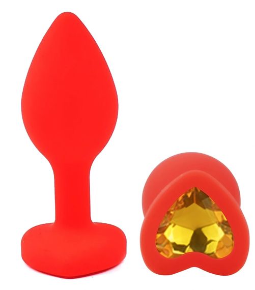 Анальний плаг EGZO Red Heart Plug S, червоний силікон, жовтий кристал у формі серця Sex Aura | Зображення 1