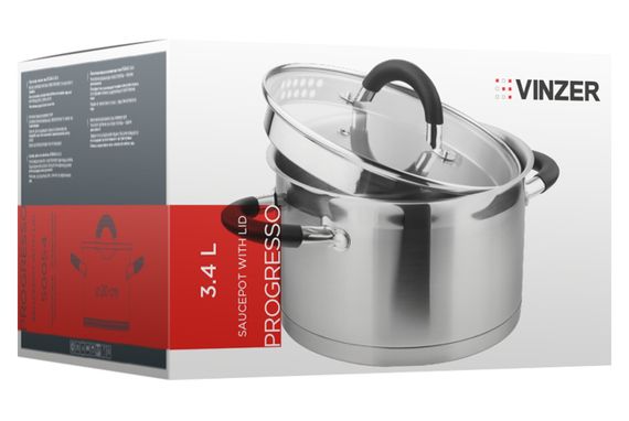 Кастрюля Vinzer Progresso 50054, 3.4 л, 20 см, из нержавеющей стали с крышкой, для всех типов плит | Зображення 2