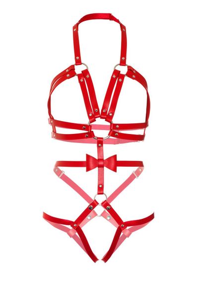 Портупея-тедді з ременів Leg Avenue Studded O-ring harness teddy L Red, екошкіра | Зображення 4