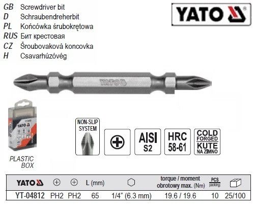 Набор насадка бита PН2 YATO Польша 1/4 l=65 мм 10 штук YT-04812
