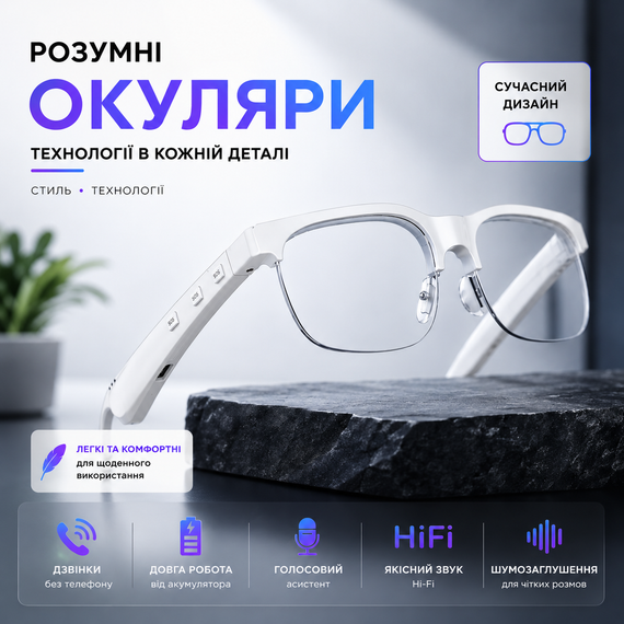 Умные беспроводные очки 2-в-1 ANKRIYUL со встроенными беспроводными наушниками и микрофоном для телефона, Type-C. Белые