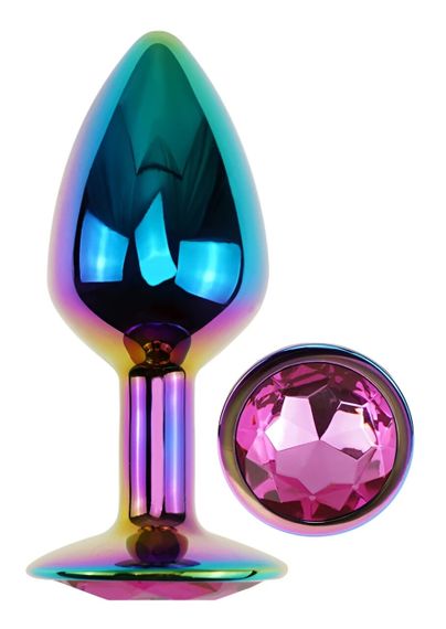 Анальна пробка EGZO Multicolor Round Plug S з рожевим кристалом, райдужна металева Sex Aura | Зображення 1