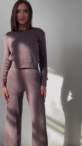 Вязаный женский костюм двойка кофта + штаны цвет какао в размере XS-XL S-M