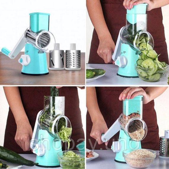 Овочерізка мультислайсер Tabletop Drum Grater Kitchen Master Терка для овочів та фруктів 3 насадки. Колір: блакитний | Зображення 4