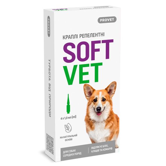 Краплі від бліх та кліщів для собак середніх порід Provet Softvet, 4 шт х 1 мл