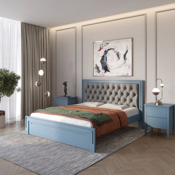 Односпальне дерев&#039;яне ліжко Mebigrand Торонто Т3 Сіро-синій (S7010R90B)/Аляска 93 (сірий) 90х200 см (MBG-8207)