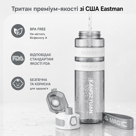 Спортивная бутылка для воды KANGZYUAN 500 мл Белая Тритановая (BPA Free), с клапаном и поилкой | Зображення 4