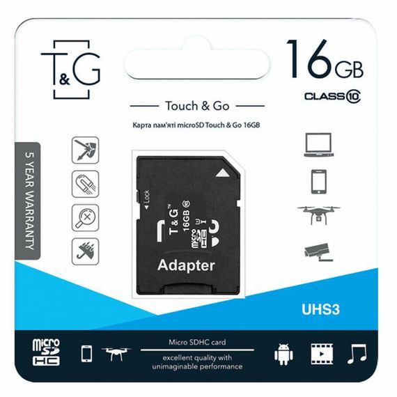 Карта пам'яті T&G (UHS-3) microSDHC Class 10 - 16GB (з адаптером) Чорний | Зображення 1
