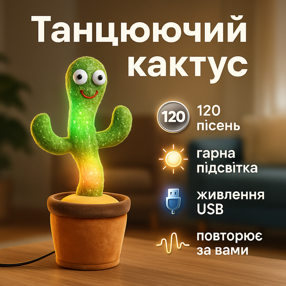 Інтерактивна іграшка танцюючий кактус з usb, Плюшевий кактус у горщику, яктус, Яктус повторюшка tiktok XL-73