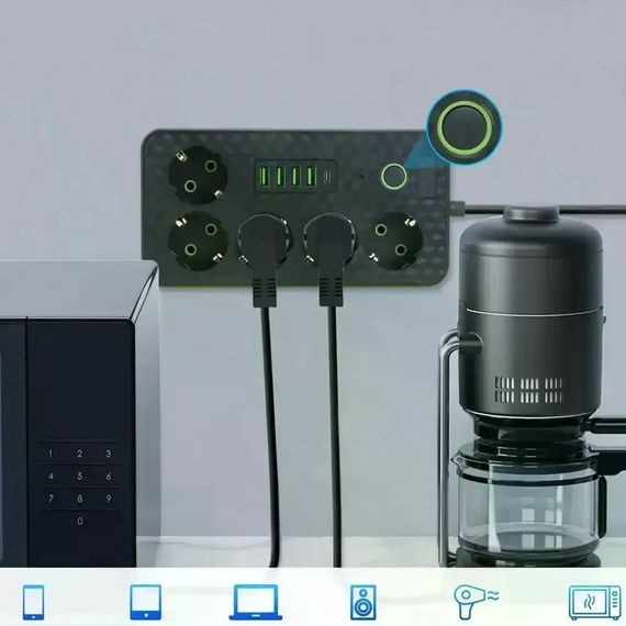 Сетевой фильтр HG-2505 на 5 розеток черный • Удлинитель 3 м с 4 USB, Type-C, выключателем и заземлением для дома и офиса | Зображення 2