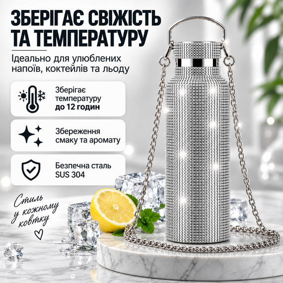 Термопляшка 500 мл зі стразами та ланцюжком, нержавіюча сталь, Срібляста у подарунковій коробці | Зображення 3