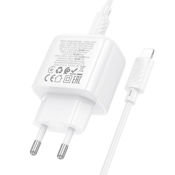 МЗП Hoco CS55A Surplus PD30W+QC3.0 (1USB-A/1C) + кабель Type-C to Lightning White | Зображення 6