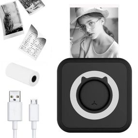 Карманный мини принтер с Bluetooth + рулон термобумаги, Черный / Детский термопринтер для фото / Портативный