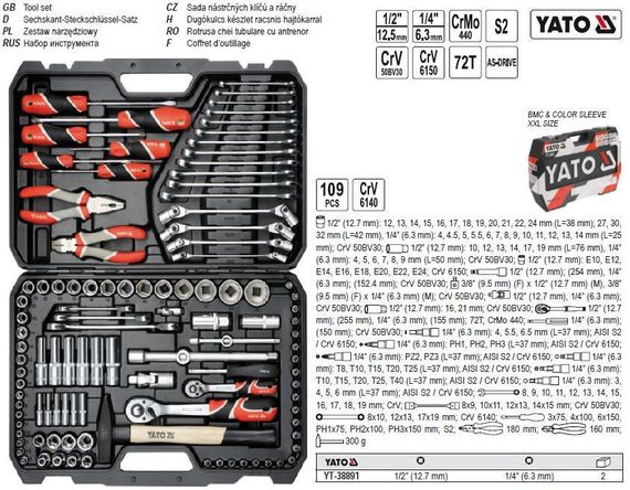 Набор головок торцевих 1/4'' 1/2'' інструмент комбі біти 109 шт YATO-38891