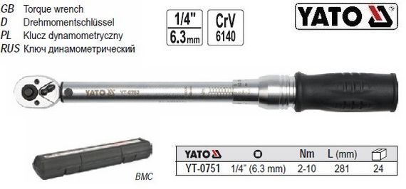 Ключ динамометричний 1/4" l=281 мм F=2-10 NM YATO-0751